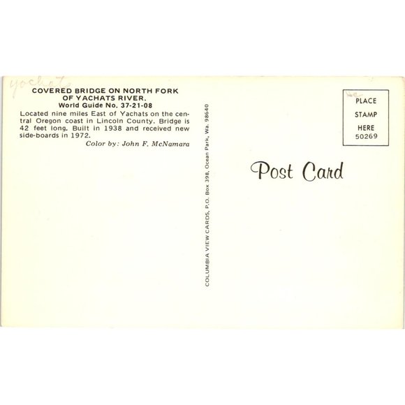 Covered Bridge Postcard Travel Souvenir Unposted North Fork Yachats River - Picture 2 of 2